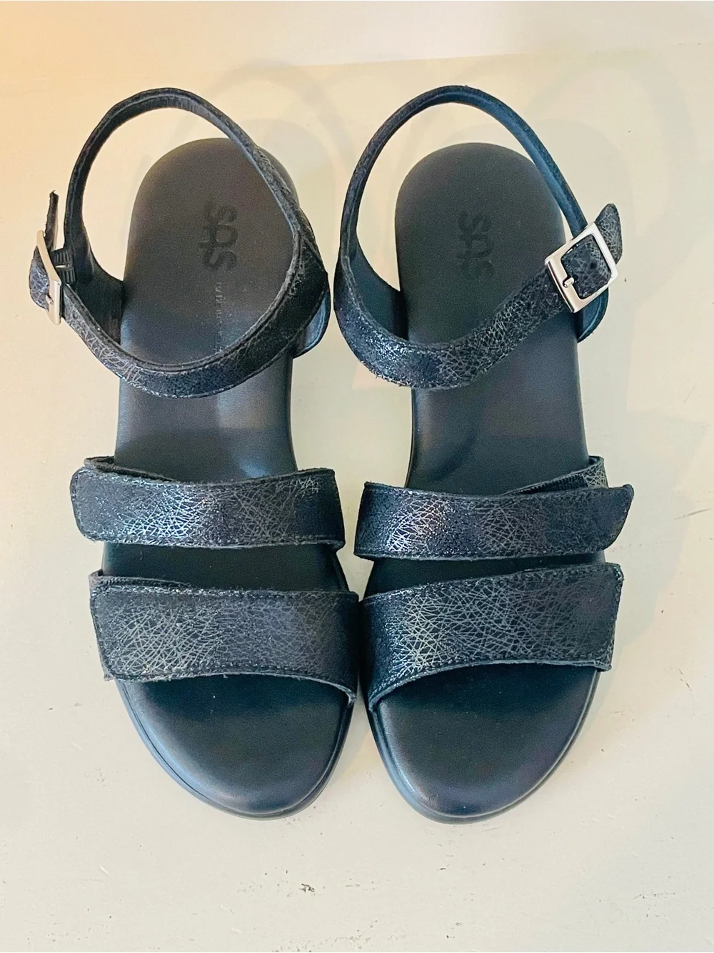 NEW Sas Savanna Black Sandal Web 7 Leather Heel Wedge Timeless